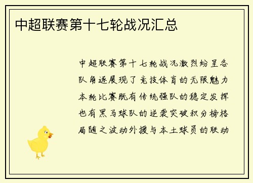 中超联赛第十七轮战况汇总